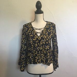 Zara Basic Floral Lace-Front Bell-Sleeve Blouse